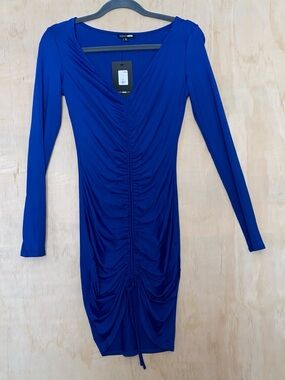 Fashion Nova Cobalt Blue Ruched V-Neck Long Sleeve Dress